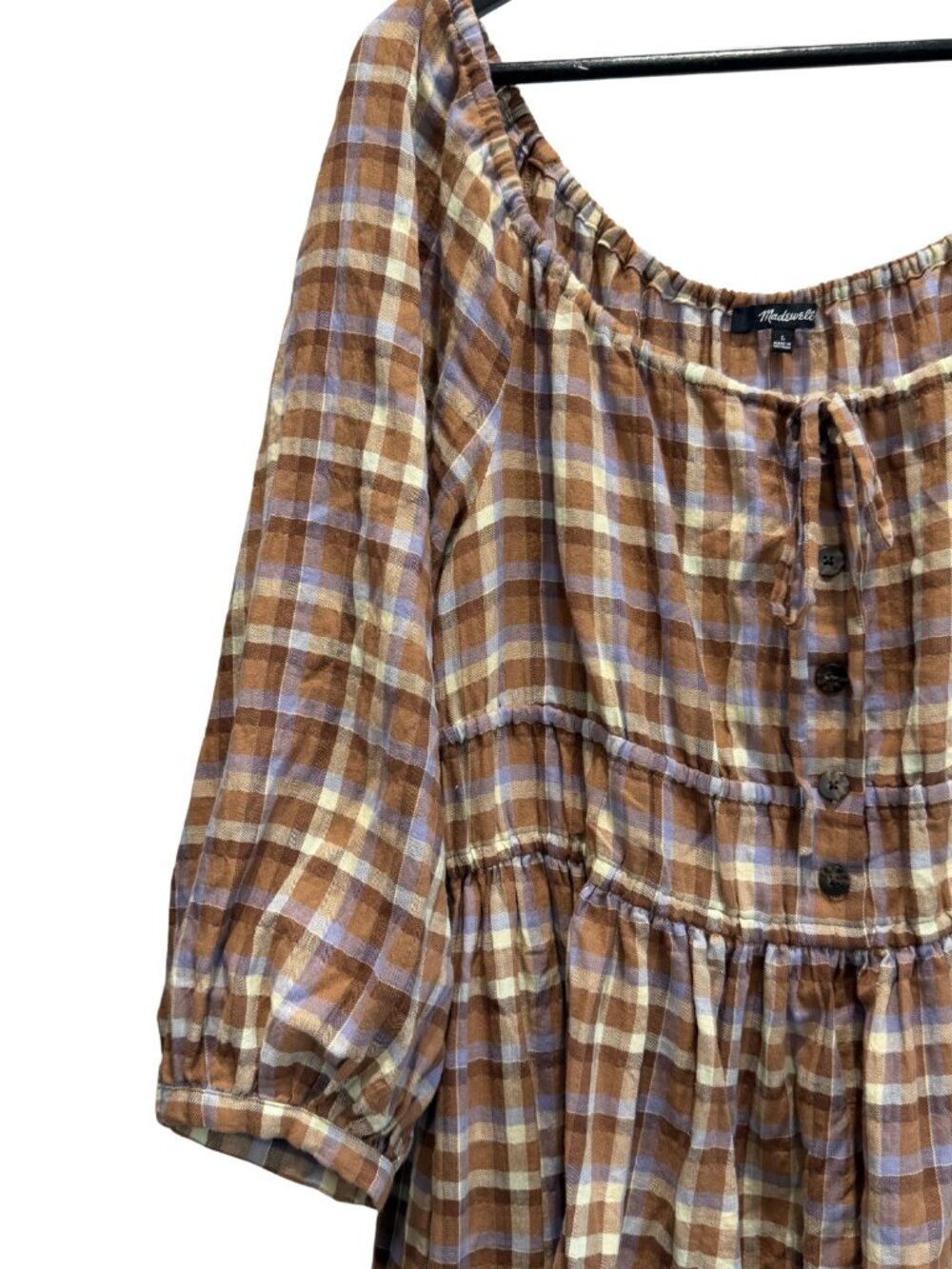 Madewell Gauze Sophia Midi Peasant Cottage Dress Brown Purple Plaid Size Large - Picture 6 of 7